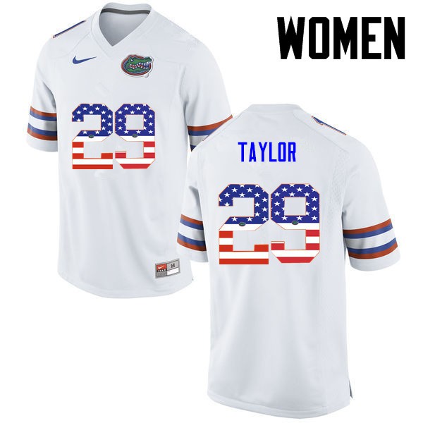 Florida Gators Women #29 Jeawon Taylor College Football Jersey USA Flag Fashion White